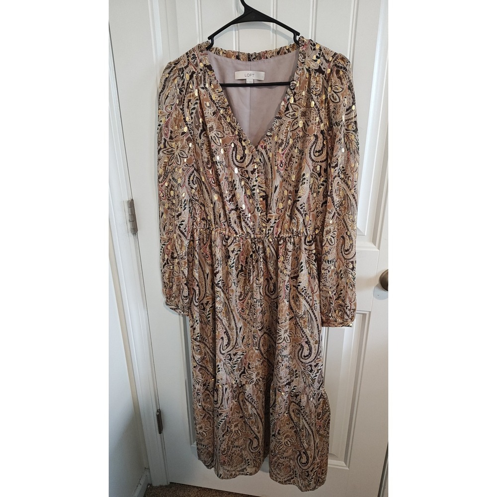Womens M LOFT Paisley Metallic Gold Foil Boho Maxi Dress
